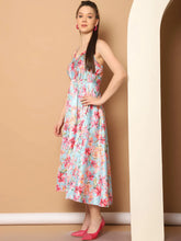 Floral Printed Shoulder Strap Maxi Dress-JND-1032Blue